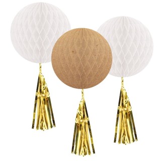 Honeycomb Ball Decorations with Fringes Wedding 3 pcs.