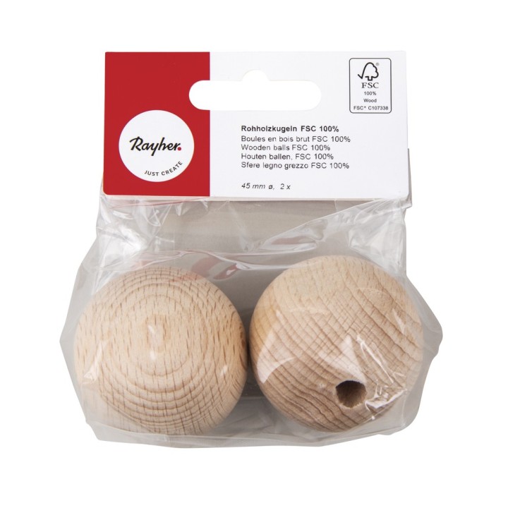 Boules en bois brut FSC percées 45mm 2 pcs.