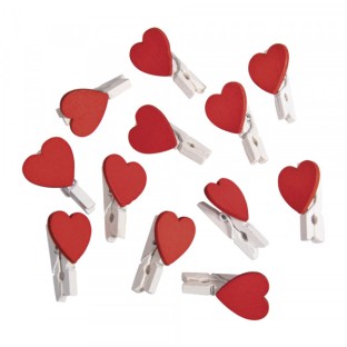 Mini wooden clips white with heart 12 pcs.