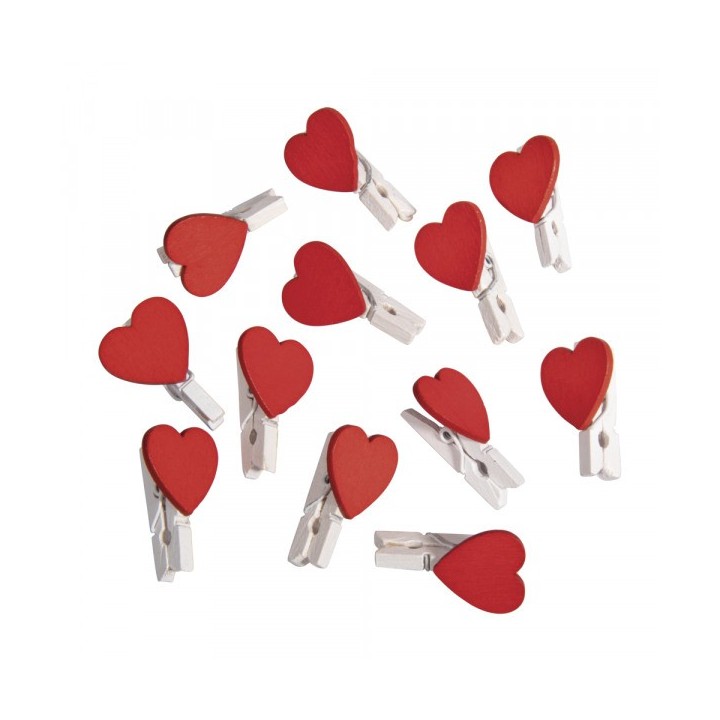 Mini pinces à linge en bois Blanc avec cœur 12 pcs.