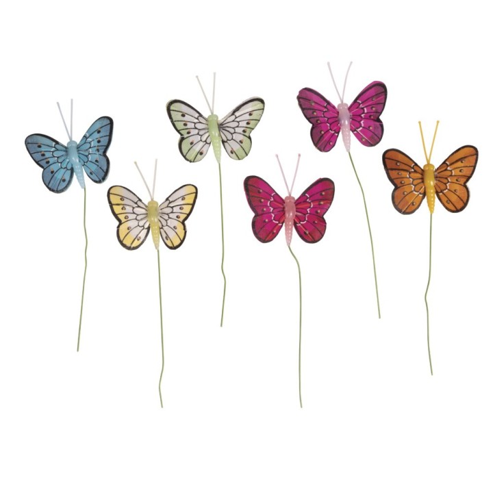 Farfalla decorativa con piume 5cm 6 pezzi.