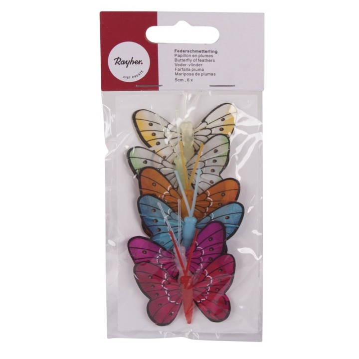 Farfalla decorativa con piume 5cm 6 pezzi.