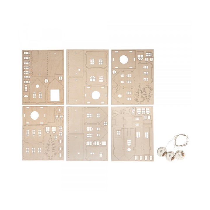 Rayher wooden construction kit light village + LED light chain set