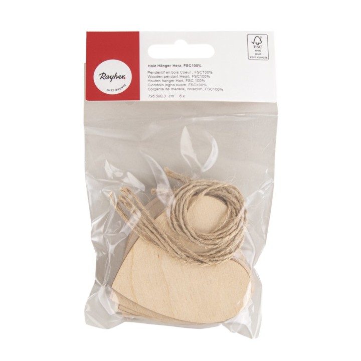 Bois FSC pendentif coeur 6 pcs