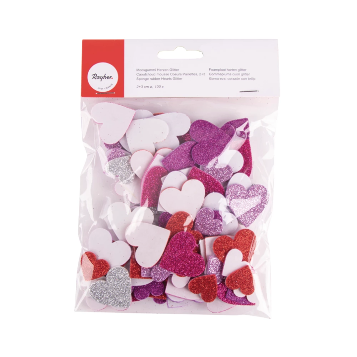 Foam rubber glitter hearts 100 pcs.