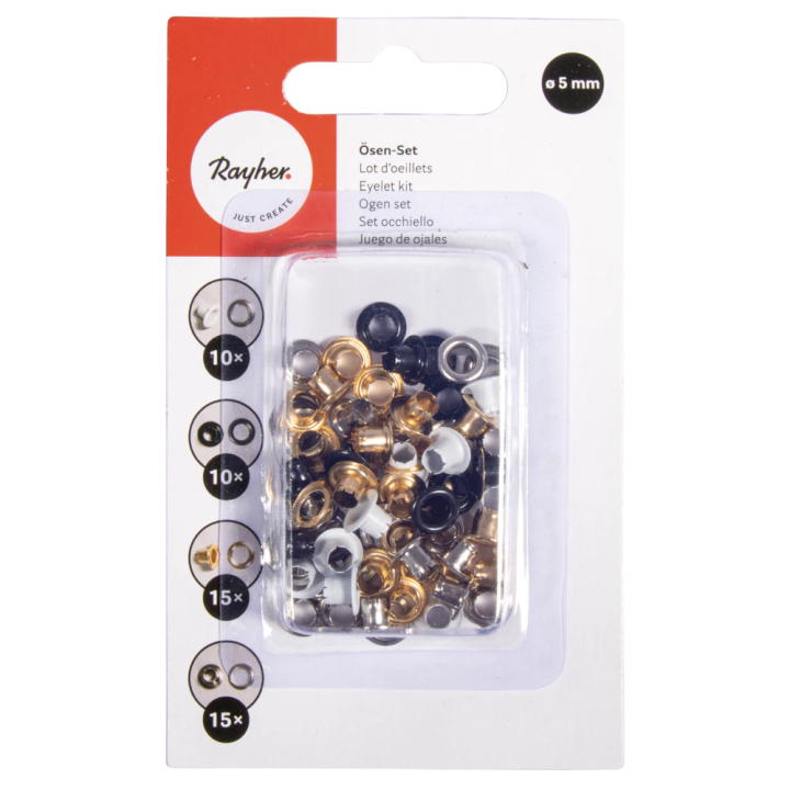 Set di occhielli Rayher 5mm rotondi 50 pezzi. Colorato