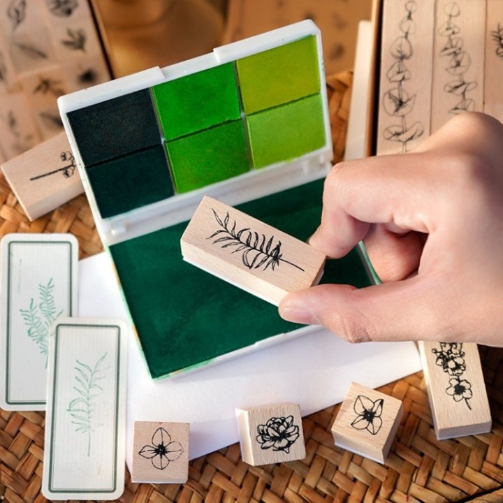 Set di timbri in legno 22 motivi botanici