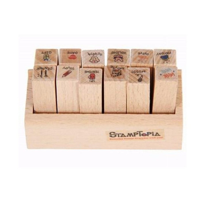 set di timbri in legno da 12 pezzi con motivi di cartoni animati