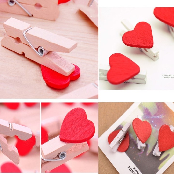 Mini wooden pegs white with heart 50 pcs.