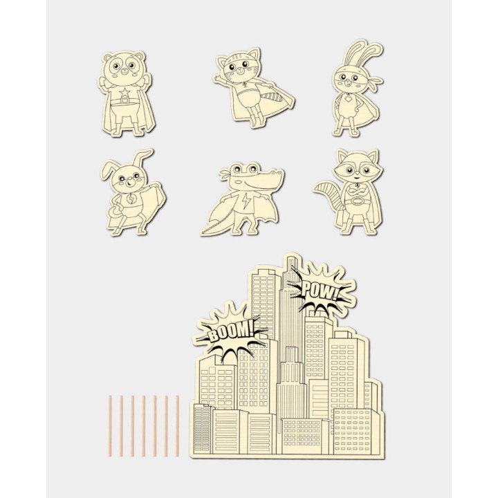 7-piece wooden colouring play set Superheroes
