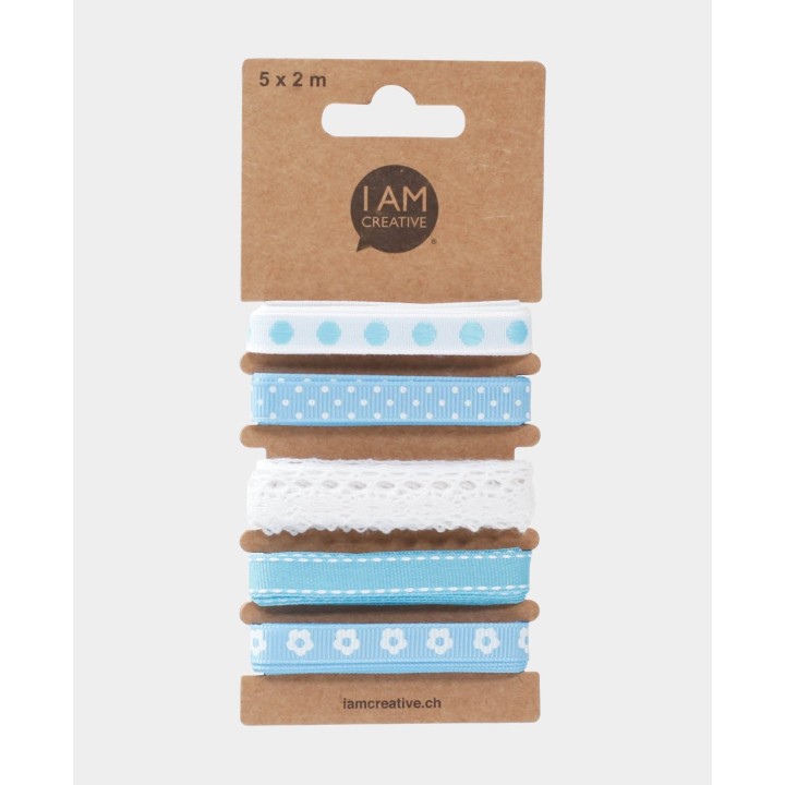 Rubans cadeaux 15mm bleu clair & blanc