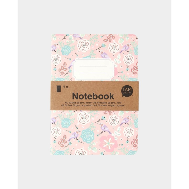 Ordinateur portable motif oiseaux et fleurs avec feuilles quadrillées 60 feuilles rose