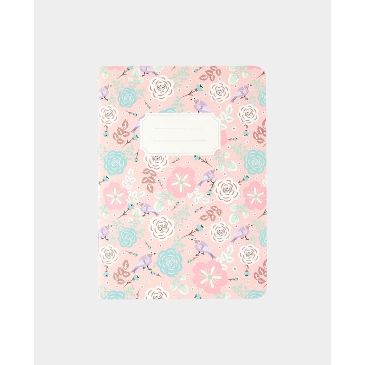 Ordinateur portable motif oiseaux et fleurs avec feuilles quadrillées 60 feuilles rose