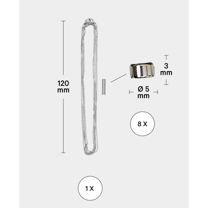 Photo rope ball chain with 8 strong mini magnets silver