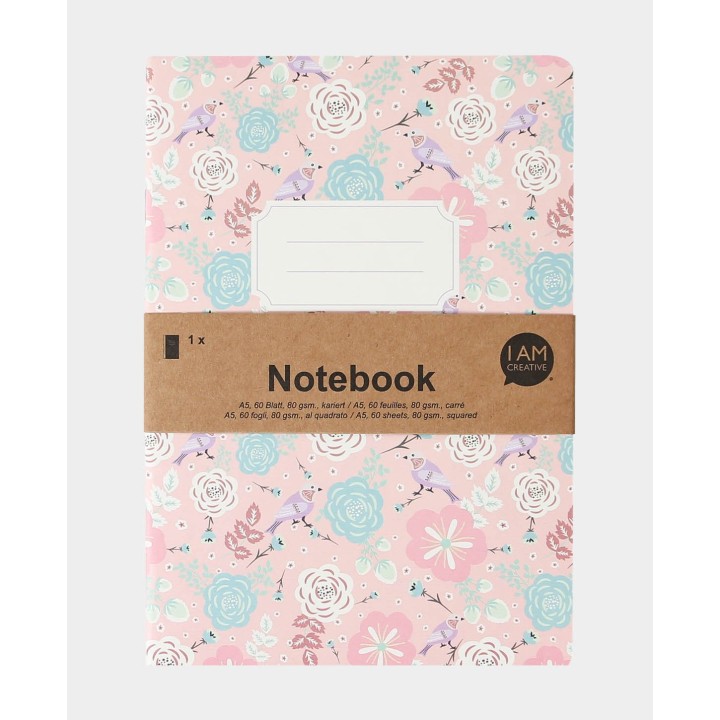 Notebook Vogel Blumenmuster karierten Blättern A5 60 Blatt Pink