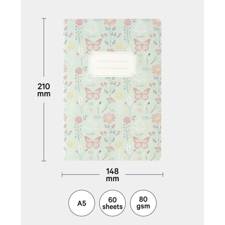 Notebook floral pattern chequered sheets A5 60 sheets mint green