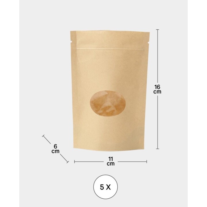 Sacs en papier avec fenêtre certifiés alimentaires 5 pcs. Marron