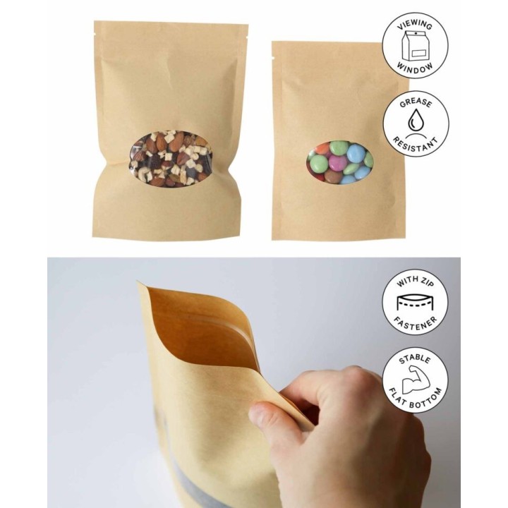 Paper bags with oval viewing window food-safe 5 pcs. Brown