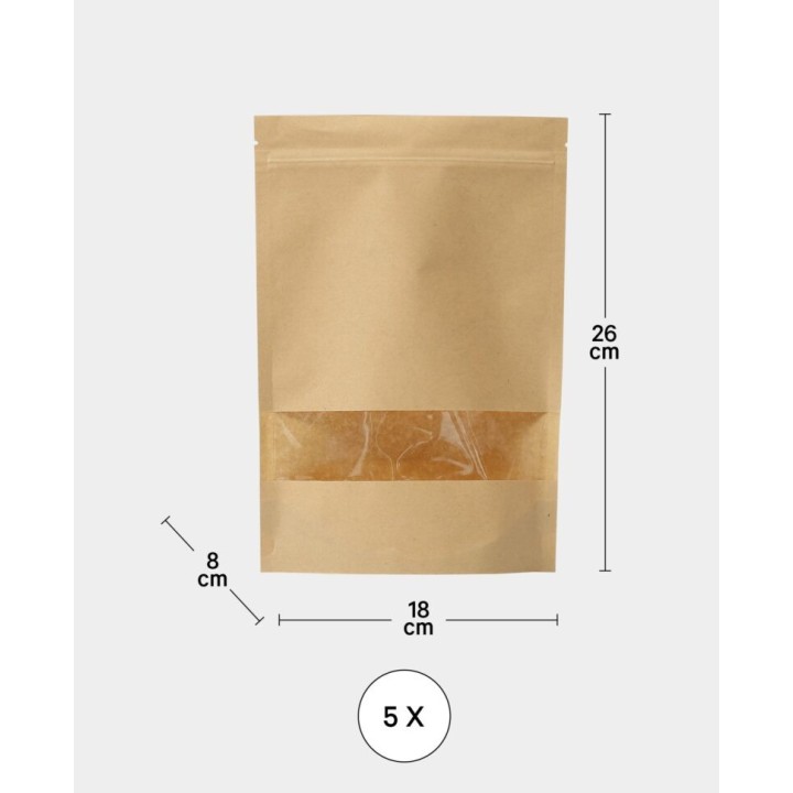 Paper bags with wide window food-safe 5 pcs. Brown