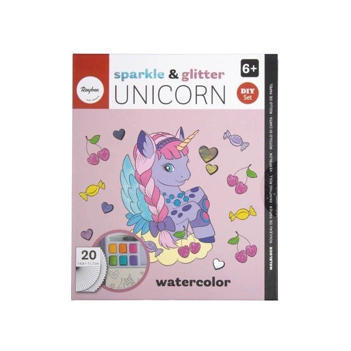 Rayher Set di blocchi da colorare Unicorn con 6 acquerelli e pennelli