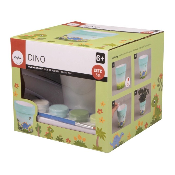 Rayher Dino flower pot set with 4 colours & 2 brushes and stickers