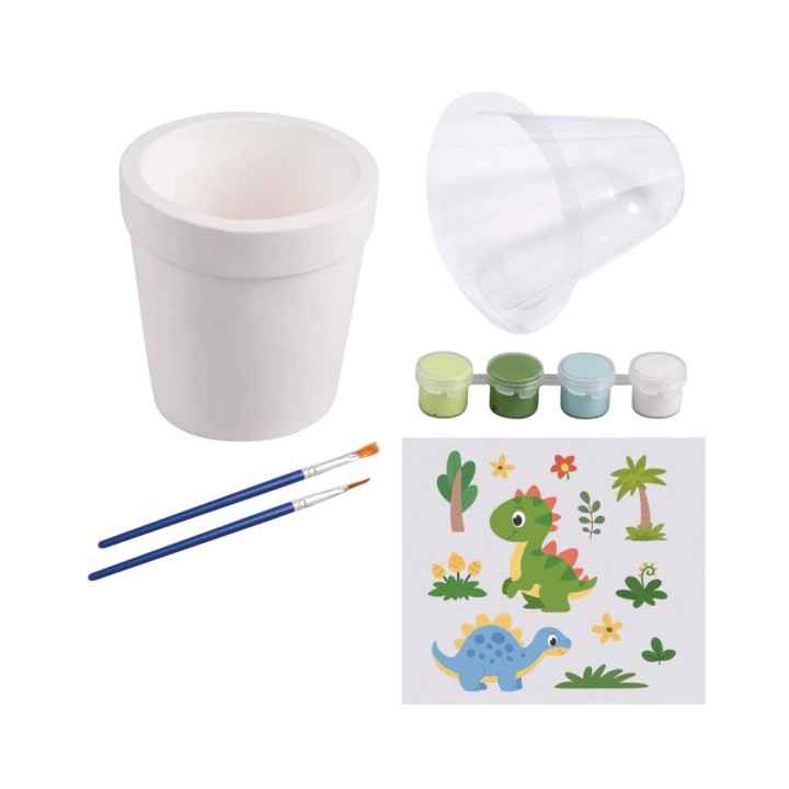 Rayher Dino flower pot set with 4 colours & 2 brushes and stickers