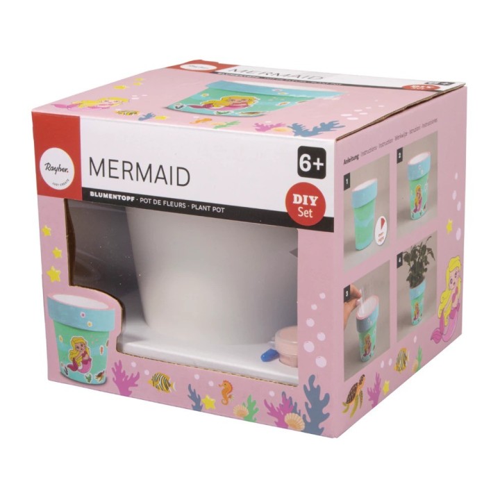 Rayher Mermaid flower pot set with 4 colours & 2 brushes and Mermaid sticker