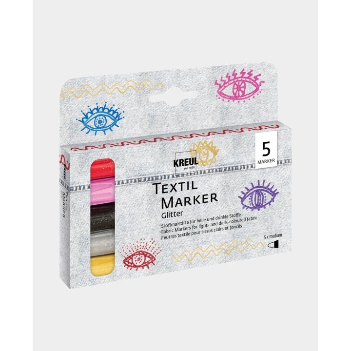 KREUL Pennarelli per tessuti con glitter, set da 5, vari colori