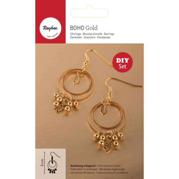 Rayher Boucles d'oreilles bohèmes « Feuille d'or », lot de 2, dorées